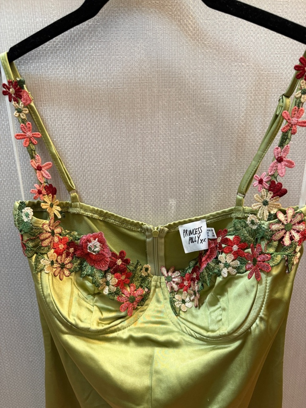 Green Satin Slip Dress with Floral Embroidered Straps - Picture 4 of 7